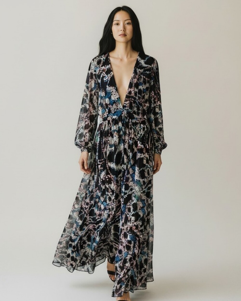 bebe Black Floral Plunge Maxi With Black Romper Full Length Front Split Size 8